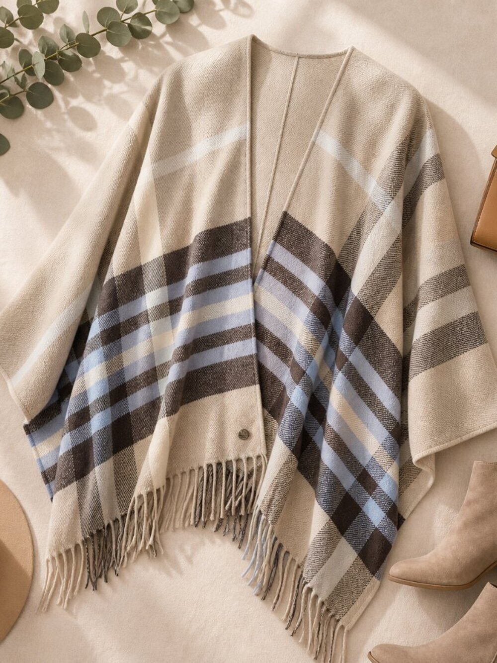 Fraas Plaid Ruana Poncho Beige Check Fringe Wrap One Size